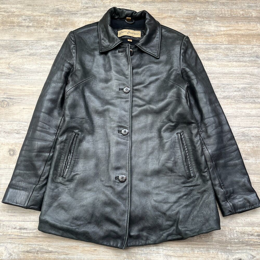 Rem Garson Leather Black Jacket Coat Button Up Small Mid Length Fitted 90s